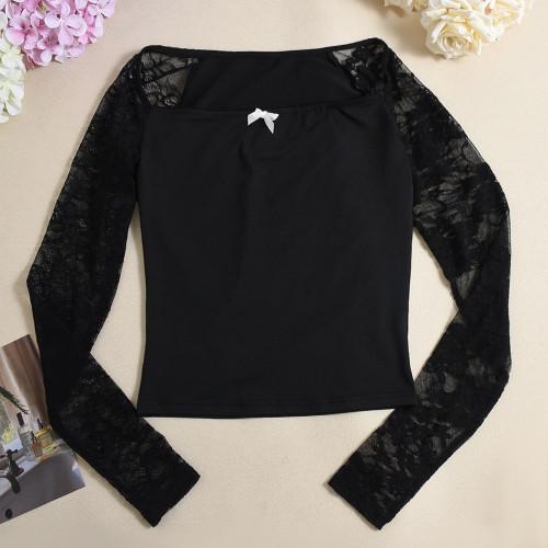 Lace long sleeved crop top with exposed navel 51593TBD