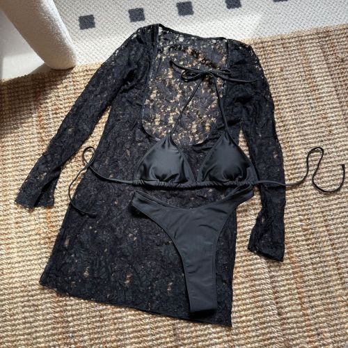 Lace long sleeved dress three piece set mesh swimsuit bikini S903376719792