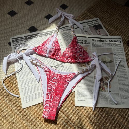 Metal chain leopard print color blocked split swimsuit bikini S904552068515