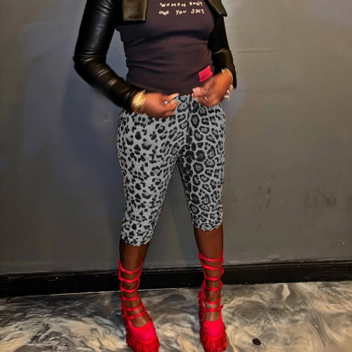 Beaded leopard print stretch pants with elastic waistband shorts 51664PHD