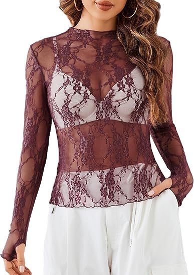 Long sleeved transparent shirt with see through lace top Q797101127335