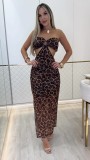 Leopard print chest wrapped mesh dress Y6060