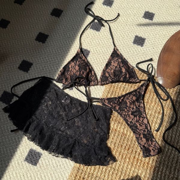 Beach lace hollowed out three piece split bikini swimsuit S912331020699