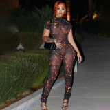 Mesh see through digital printed backless jumpsuit