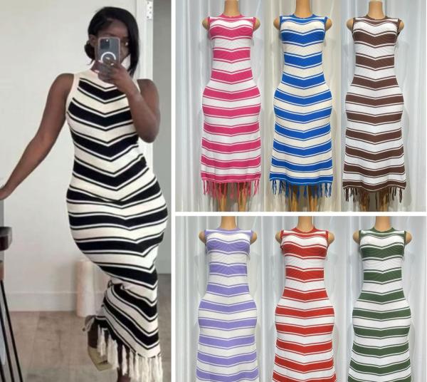 Tight striped fringe fur dress, knitted dress