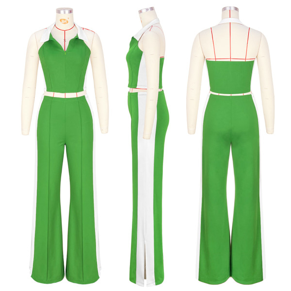 Splicing contrasting color V-neck zipper sleeveless split pants two-piece set