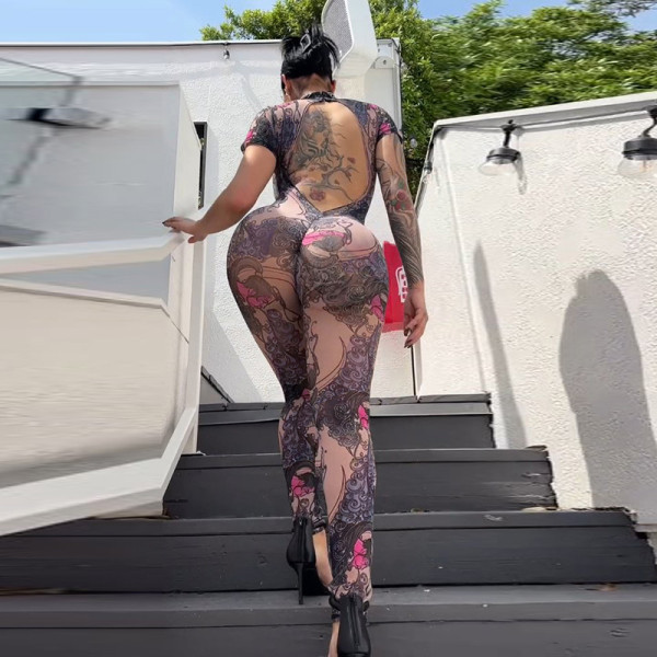 Mesh see through digital printed backless jumpsuit