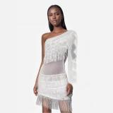 Slanted shoulder single sleeve tassel knitted see through hip hugging dress