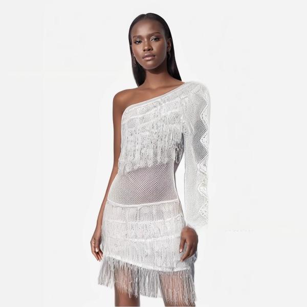 Slanted shoulder single sleeve tassel knitted see through hip hugging dress
