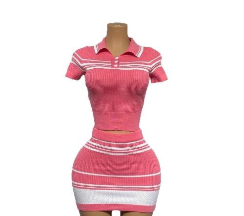 Collar striped knitted shirt short sleeved half open chest pullover top