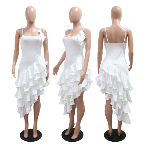 Irregular ruffle edge dress with suspender straps