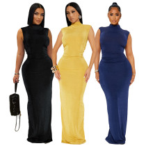 Half high neck pleated sleeveless high stretch long dress Half high neck pleated sleeveless high stretch long dress