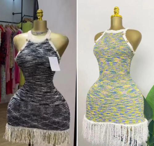 Waist bag, hip fringe, coarse tweed vest, knitted skirt