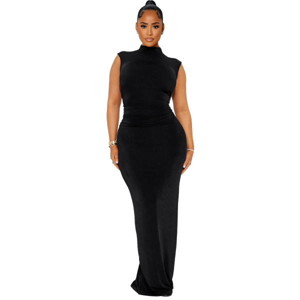 Half high neck pleated sleeveless high stretch long dress