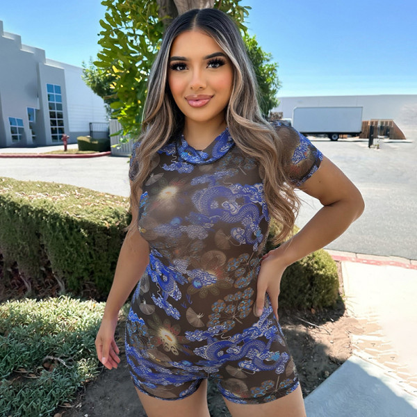 Digital printed mesh high waisted backless jumpsuit