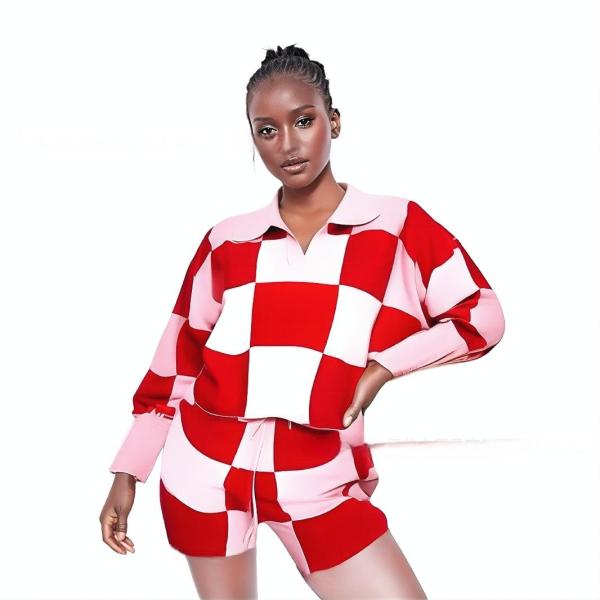 Sports checkered knit two-piece set