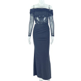Irregular hip hugging one step skirt with a straight collar and long sleeves, shoulder length dress