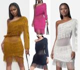 Slanted shoulder single sleeve tassel knitted see through hip hugging dress