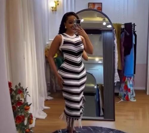 Tight striped fringe fur dress, knitted dress