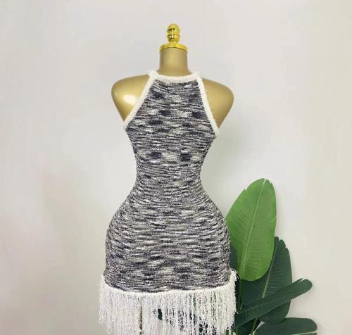 Waist bag, hip fringe, coarse tweed vest, knitted skirt