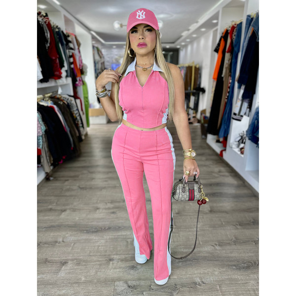 Splicing contrasting color V-neck zipper sleeveless split pants two-piece set