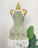 Waist bag, hip fringe, coarse tweed vest, knitted skirt