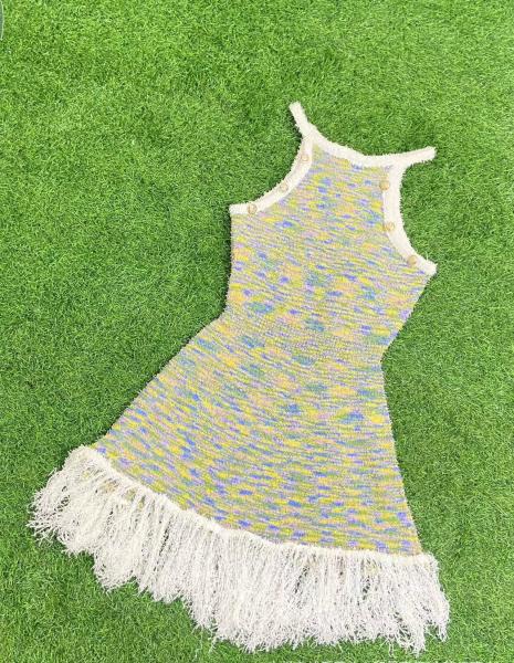 Waist bag, hip fringe, coarse tweed vest, knitted skirt
