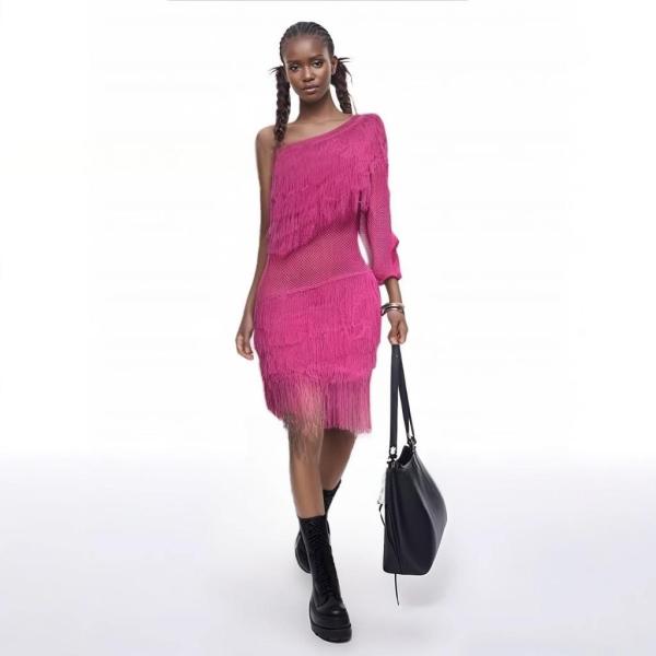 Slanted shoulder single sleeve tassel knitted see through hip hugging dress