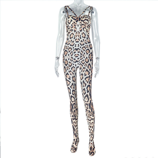 Printed leopard print slim fit hip hugging jumpsuit sleeveless camisole jumpsuit