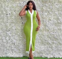 Color blocked threaded single breasted V-neck sleeveless elastic knit mid length dress Color blocked threaded single breasted V-neck sleeveless elastic knit mid length dress