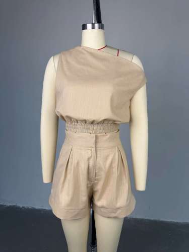 Two piece set of high waisted wide leg shorts with a one collar off the shoulder shirt