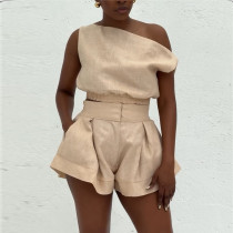 Two piece set of high waisted wide leg shorts with a one collar off the shoulder shirt Two piece set of high waisted wide leg shorts with a one collar off the shoulder shirt