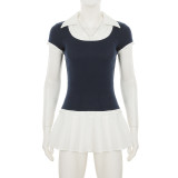 Collar shirt contrasting color pullover dress A-line pleated skirt
