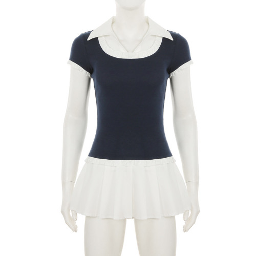 Collar shirt contrasting color pullover dress A-line pleated skirt