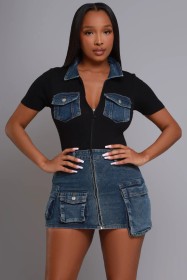 Waist cinched short sleeved zipper pocket denim dress