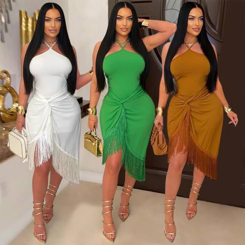 Sleeveless lace up tight fitting hip hugging fringe jumpsuit