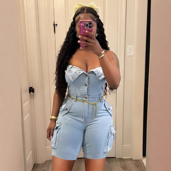 Strapless cardigan button up large pocket denim jumpsuit shorts