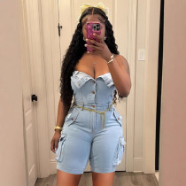 Strapless cardigan button up large pocket denim jumpsuit shorts Strapless cardigan button up large pocket denim jumpsuit shorts