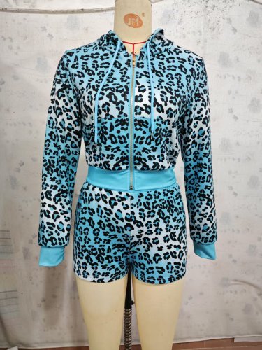 Leopard print hooded sweatshirt set with exposed navel