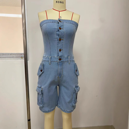Strapless cardigan button up large pocket denim jumpsuit shorts