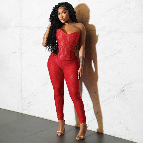 Lace Perspective Chest Wrapping Top and Hip Lifting Pants Two Piece Set