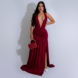 Temperament Hanging Neck Deep V-neck Split Dress