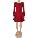 Deep V-long sleeved ruffled short dress