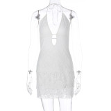 Hollow out lace neck hanging lace short skirt