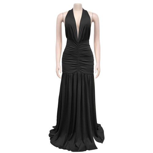 Temperament Hanging Neck Deep V-neck Split Dress