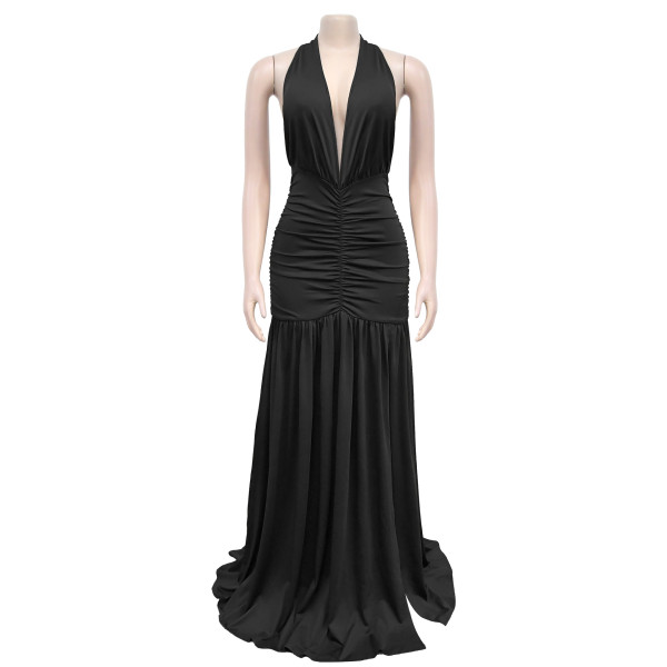 Temperament Hanging Neck Deep V-neck Split Dress