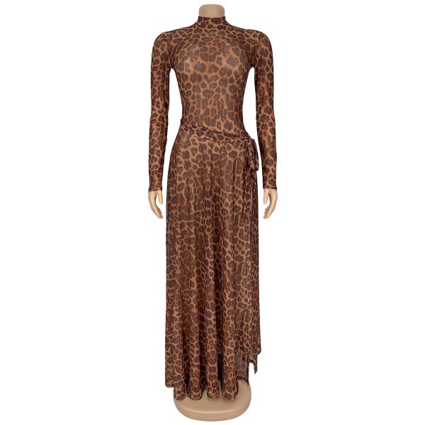 Leopard print long sleeved slit dress