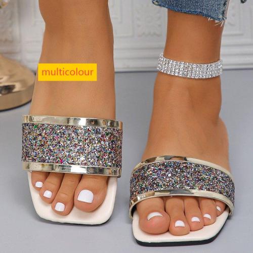 Sparkling one-piece slippers, square toe open toed flat bottomed beach shoes