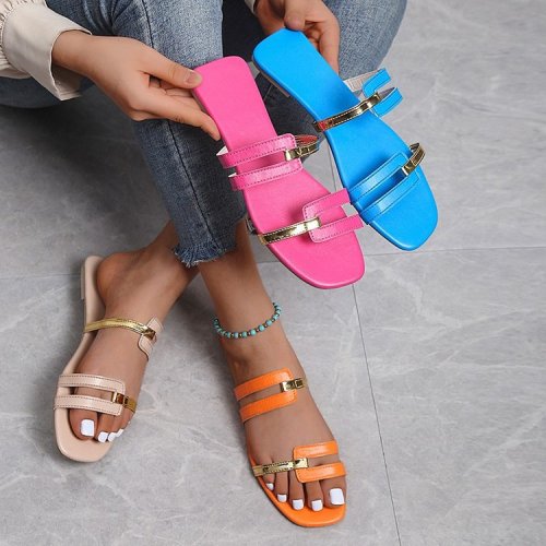 Large size color blocked flat sandals