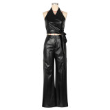 PU leather sleeveless hanging neck set, leather pants two-piece set